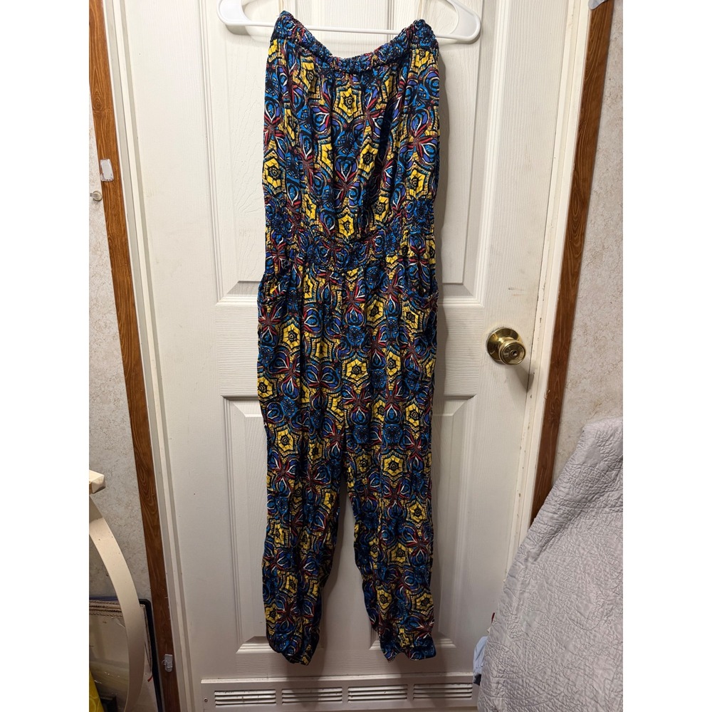 Love by Chesley Strapless Geometric Print Smocked Jumpsuit Blue Yellow 2X‎